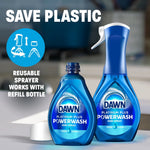 Graphic showing reusable Dawn Powerwash sprayer next to refill bottle with 'Save Plastic' callout