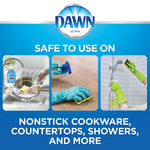 Dawn brand graphic showing safe uses with images of washing dishes, wiping a countertop, and cleaning a shower