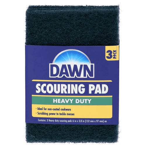 Front-facing Dawn scouring pad package with blue label reading "Scouring Pad Heavy Duty" and a yellow 3 pack badge.