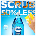 Promotional image of a Dawn Ultra bottle with large text "SCRUB 50% LESS" a hand holding a yellow sponge and soap bubbles.