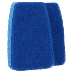 Close view of two blue scrubber sponges showing dark blue scouring surface and lighter foam sides