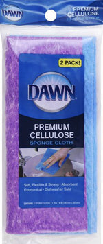 Close-up of Dawn branded retail pouch showing 'Premium Cellulose' sponge cloth 2-pack with hand-wash image