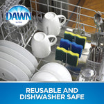 Kitchen scene showing Dawn logo and sponges placed inside a dishwasher rack with clean dishes around