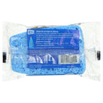 Back of clear Dawn sponge package showing product information, barcode and blue sponge visible through film