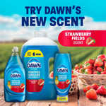 Group shot of Dawn bottles and a large refill jug beside a basket of strawberries with try Dawn's new scent copy