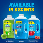 Three Dawn refill jugs in different colors labeled 'Available in 3 Scents' with fruit icons for each scent