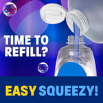 Graphic of liquid being poured into a refill bottle with playful bubbles and text asking 'Time to refill?'