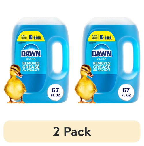Two Dawn Ultra refill jugs in blue with duckling graphic and 67 fl oz badge, shown side by side