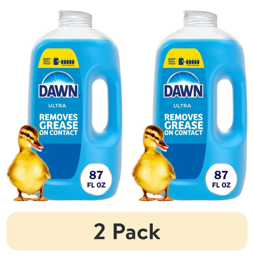Two Dawn Ultra refill jugs in blue with duckling graphic and 87 fl oz label, shown side by side with a '2 Pack' banner