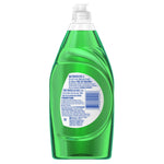 Rear view of green Dawn Ultra dishwashing liquid bottle showing product warning text and barcode
