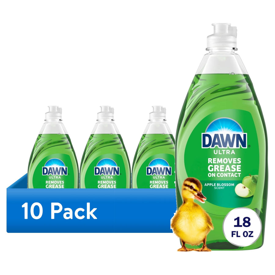 Packaged group of green Dawn Ultra apple blossom dish soap bottles with a duckling and '10 Pack' banner