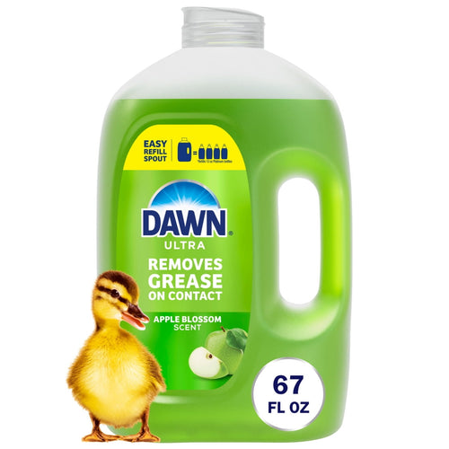 Green Dawn Ultra refill jug with apple blossom label, duckling graphic and 67 fl oz badge