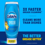 Blue Dawn Ultra bottle with duckling alongside bold claims '3X FASTER GREASE CLEANING' and 'CLEANS MORE THAN DISHES'.