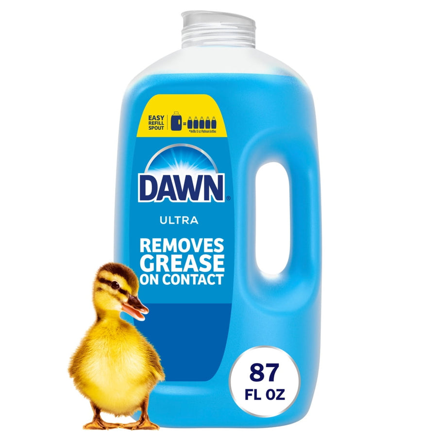 Blue Dawn Ultra refill jug with handle, duckling graphic and '87 FL OZ' badge on white background