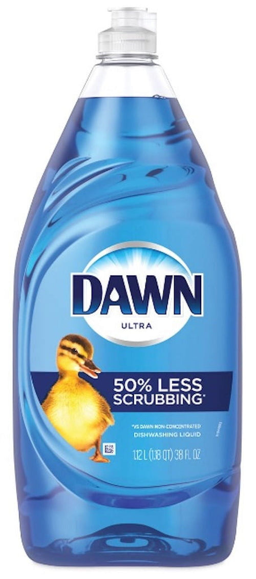 Close-up front view of a blue Dawn Ultra dish soap bottle with duckling and '50% less scrubbing' label.