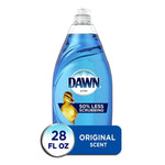 Front view of a clear Dawn Ultra bottle with duckling label and a badge graphic stating "28 FL OZ original scent" on white background.