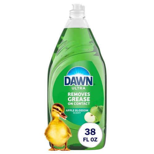 Green Dawn Ultra dish soap bottle with duckling and apple graphic, 38 fl oz label visible