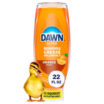 Upside-down orange Dawn Ultra bottle with duckling graphic and 22 fl oz badge on white background