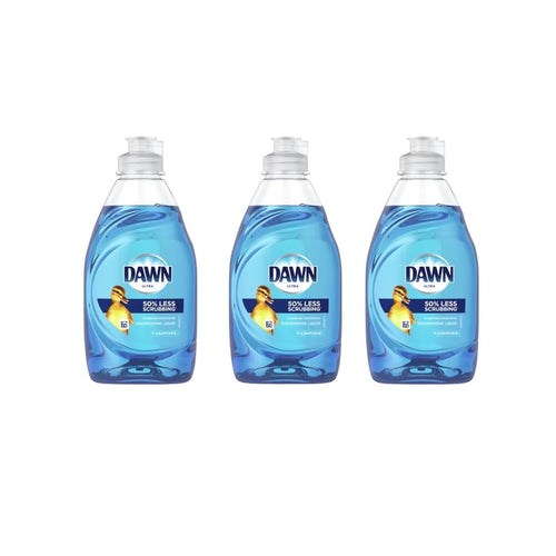 Three clear blue Dawn Ultra dish soap bottles shown front-facing with duck logo and product label