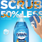 Close-up Dawn Ultra bottle with sponge and large headline claiming 50% less scrubbing over bright blue background