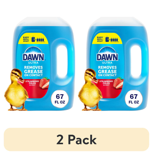 Two blue Dawn Ultra refill jugs with strawberry label, each marked 67 fl oz, with a duckling and '2 Pack' banner beneath