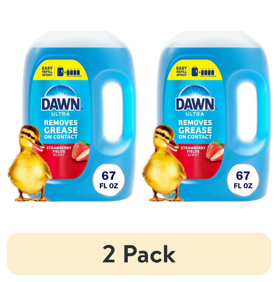 Two blue Dawn Ultra refill jugs with strawberry label, each marked 67 fl oz, with a duckling and '2 Pack' banner beneath
