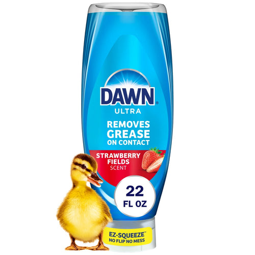 Upside-down Dawn Ultra bottle with strawberry fields label, 22 fl oz badge and a small duckling graphic
