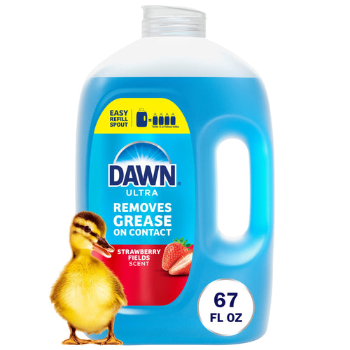 Large blue Dawn Ultra refill jug with a duckling and strawberry image, labeled 67 fl oz