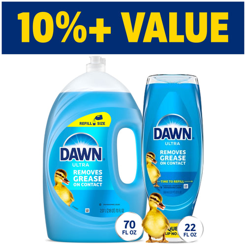 Two Dawn Ultra dish soap bottles (large refill jug and EZ-squeeze bottle) with value banner