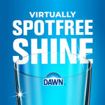 Blue marketing image with a sparkling glass and large 'Virtually Spotfree Shine' headline featuring the Dawn logo