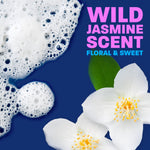 Foamy soap lather and white jasmine flowers with bold text 'Wild Jasmine Scent' and 'Floral & Sweet'