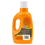 Rear view of an orange Dead Down Wind laundry detergent bottle showing product directions, barcode and handle