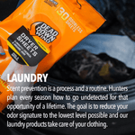 Pack of Dead Down Wind dryer sheets in orange packaging held over laundry with overlayed text about scent prevention