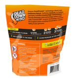 Back of Dead Down Wind pouch showing directions, ingredient and warning text with brand logo on an orange background