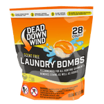 Dead Down Wind orange and black resealable pouch labeled 'Laundry Bombs' with a 28 count badge and warning panel