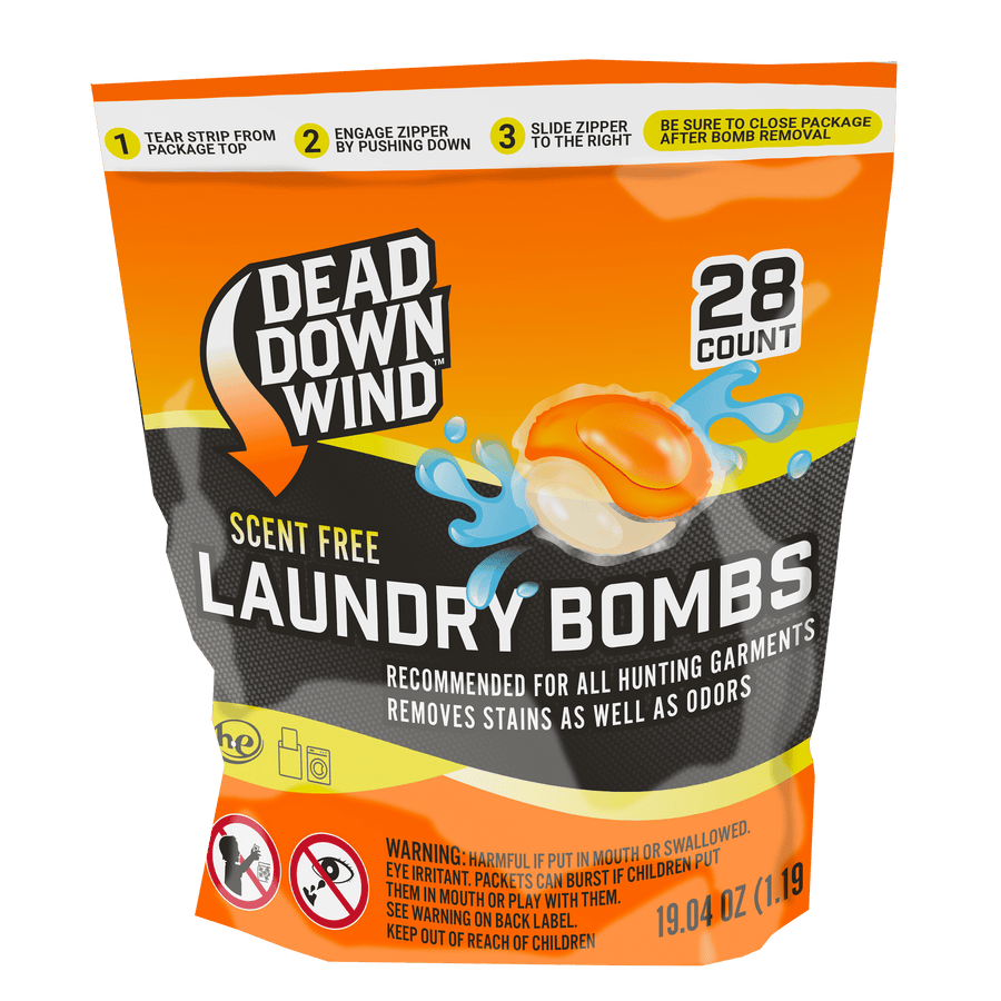 Dead Down Wind orange and black resealable pouch labeled 'Laundry Bombs' with a 28 count badge and warning panel