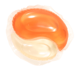 Close-up studio shot of a single two-compartment laundry pod with orange and clear gel chambers in a plastic film