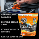 Promotional image showing a hand dropping an orange-and-clear laundry pod into a washer drawer with Dead Down Wind packaging and text callouts
