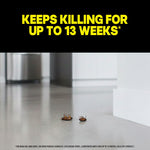 Two dead roaches on a floor with bold text claiming the product keeps killing for up to 13 weeks