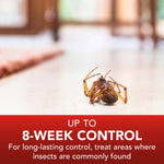 Close-up of a dead spider on a floor with text banner stating up to 8-week control