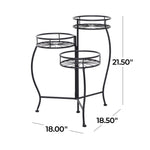 Three-tier black metal plant stand with dimensional measurements and arrows indicating height and width.