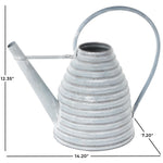 Gray ribbed metal watering can shown with annotated dimensions on a white background