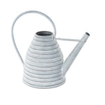 Three-quarter front view of a gray ribbed beehive-shaped metal watering can on white background