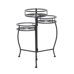 Straight-on view of black metal three-tier plant stand with starburst wire shelves and three curved legs.
