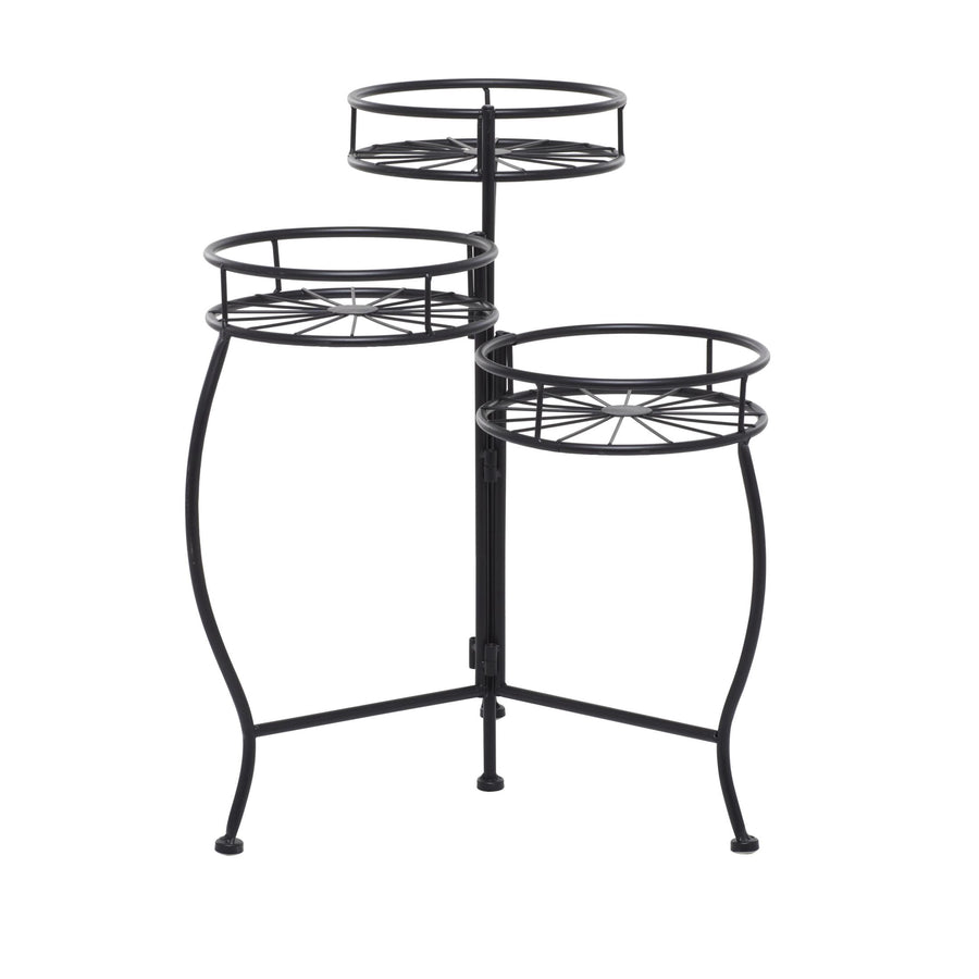 Black three-tier metal plant stand with starburst wire shelves and curved legs on white background.