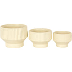 Three cream ribbed planters arranged in a row on white background, highlighting tapered pedestal bases and fluted sides.