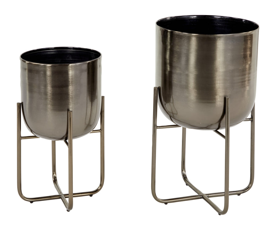 Two DecMode metal planters with removable cross-leg stands, one larger and one smaller, shown on white background