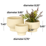 Three cream ribbed planters shown with overlayed dimension callouts indicating diameters and heights on white background.