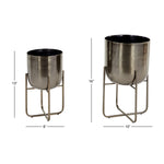 Product dimensions graphic showing two DecMode metal planters on stands with height and width measurements on white background