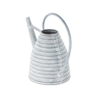 Top-front view of a ribbed gray metal watering can with open mouth, loop handle and long spout